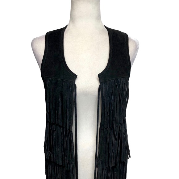 True Religion Black Leather Vest Mid Length Metal Bead Fringe Festival Boho - Picture 12 of 12